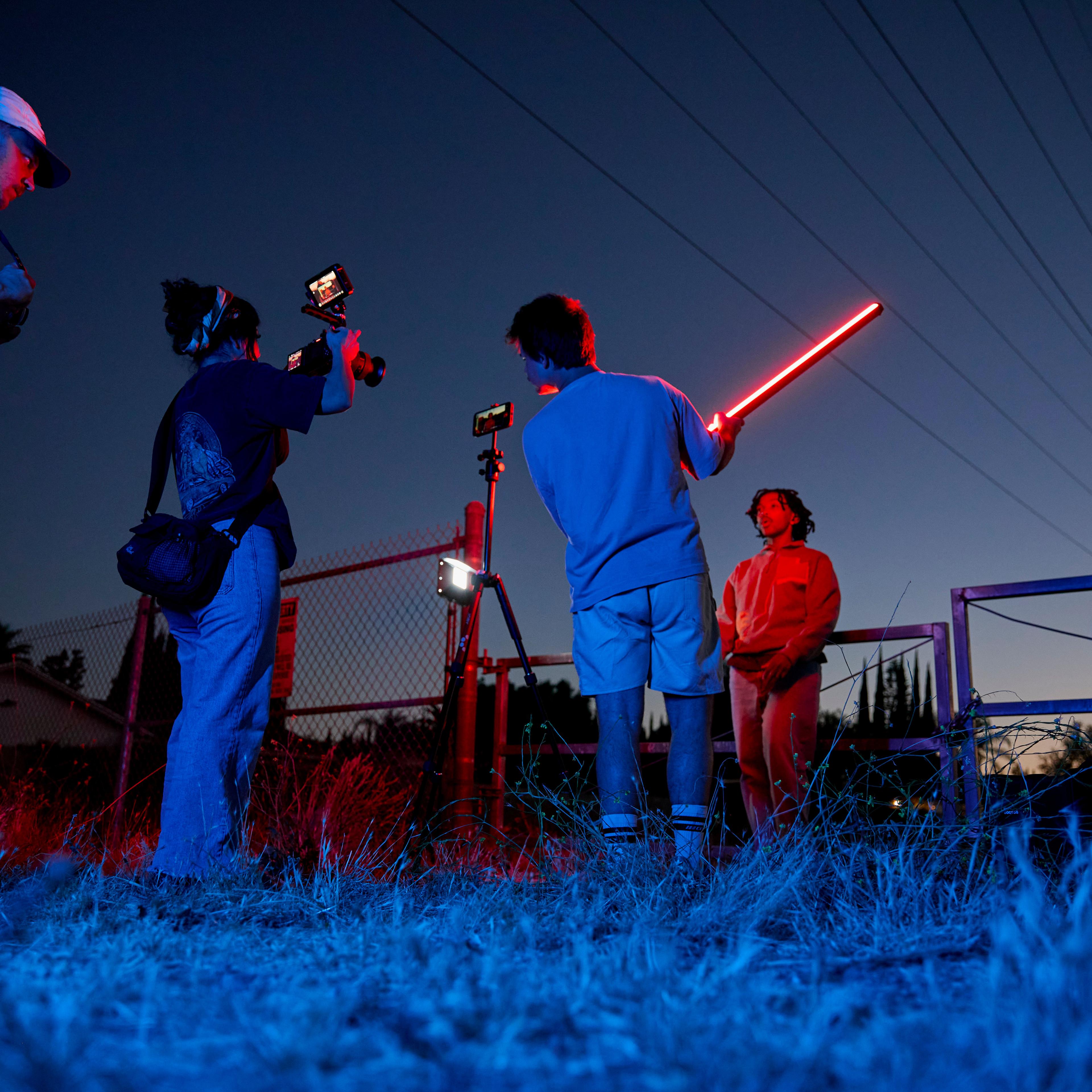 Using tube lights to film our mobile film festibal campaign.